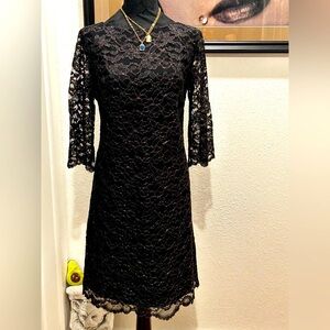 Vintage 60’s Mr. Simon Black Metallic Corded Floral Lace Sheath Cocktail Dress